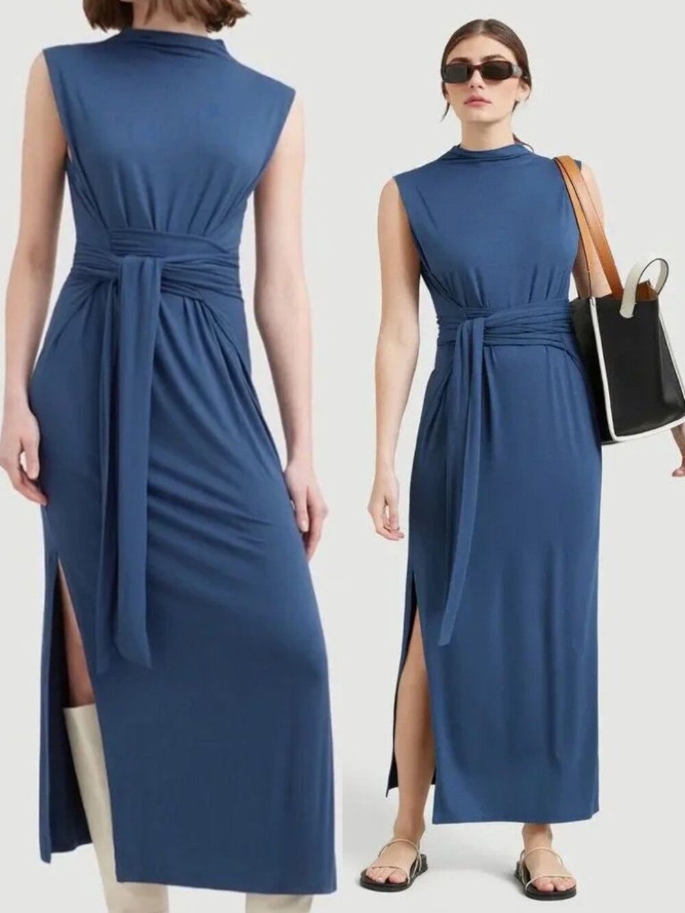 Modern Citizen Eden Sleeveless Tie-Front Midi Dress Blue Size S Minimalist $138